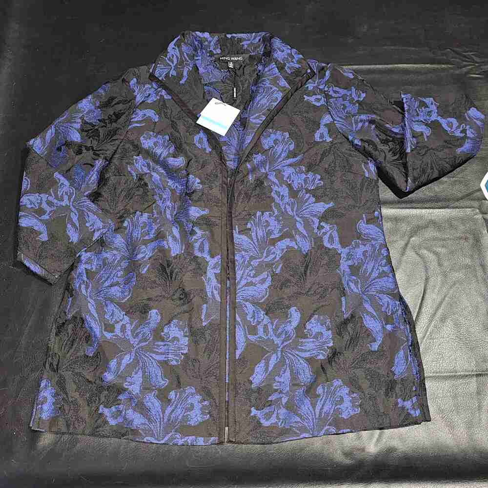 NWT Ming Wang Womens Heritage Fit Blue Black Cardigan Blazer Small